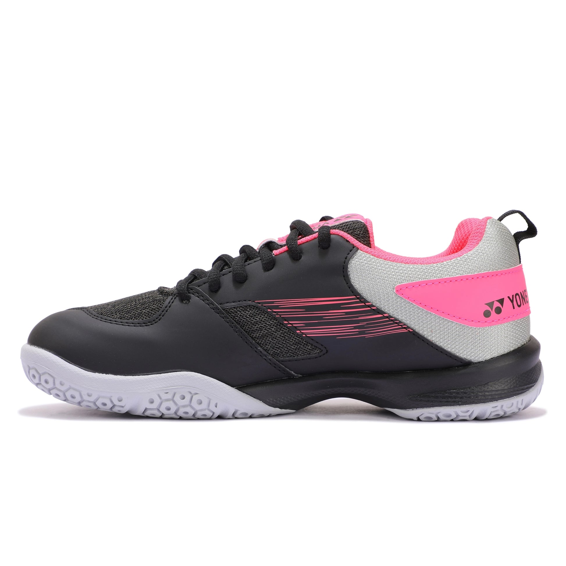 Black and pink Yonex squash shoe on a white background