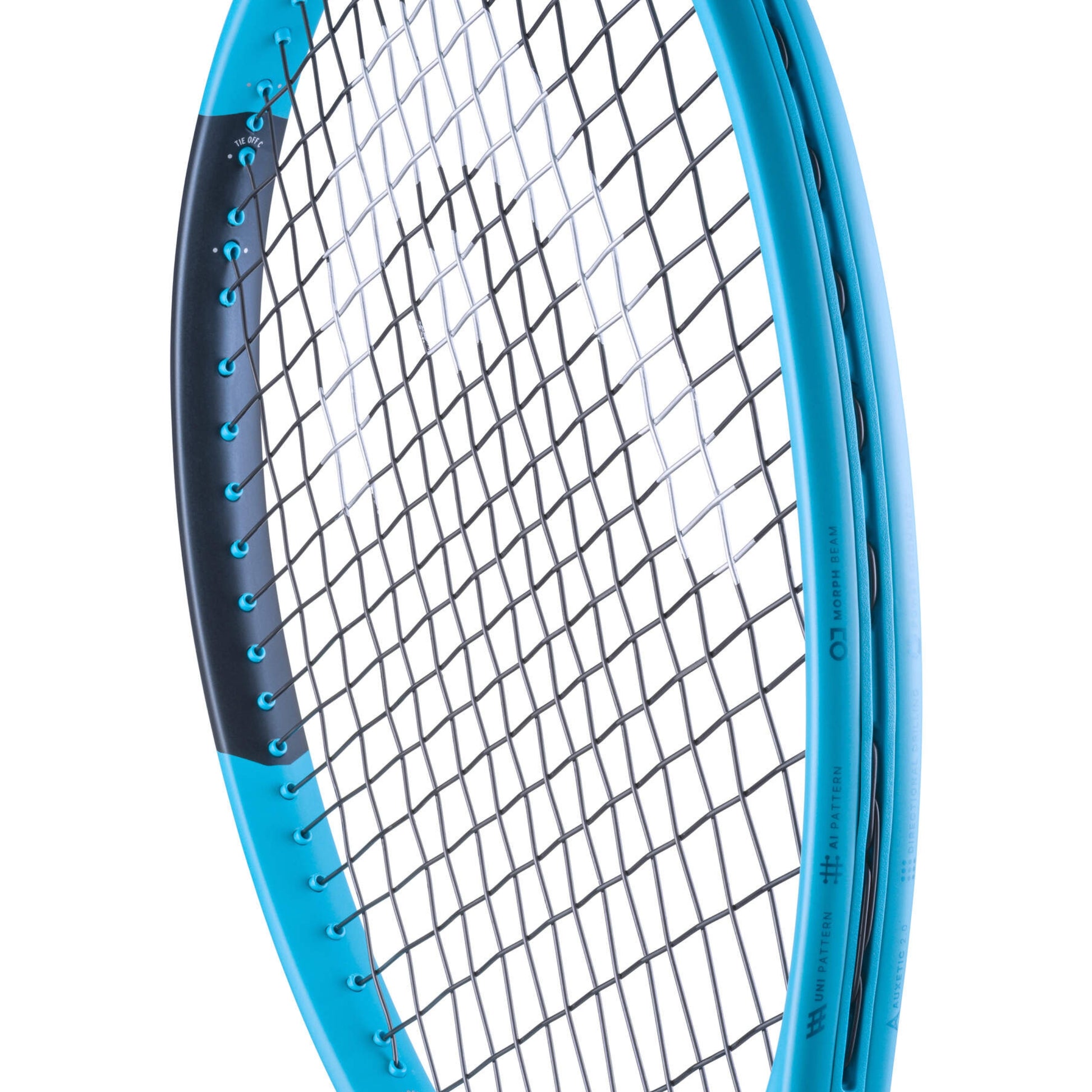 Close-up of a blue Head tennis racket with a white background