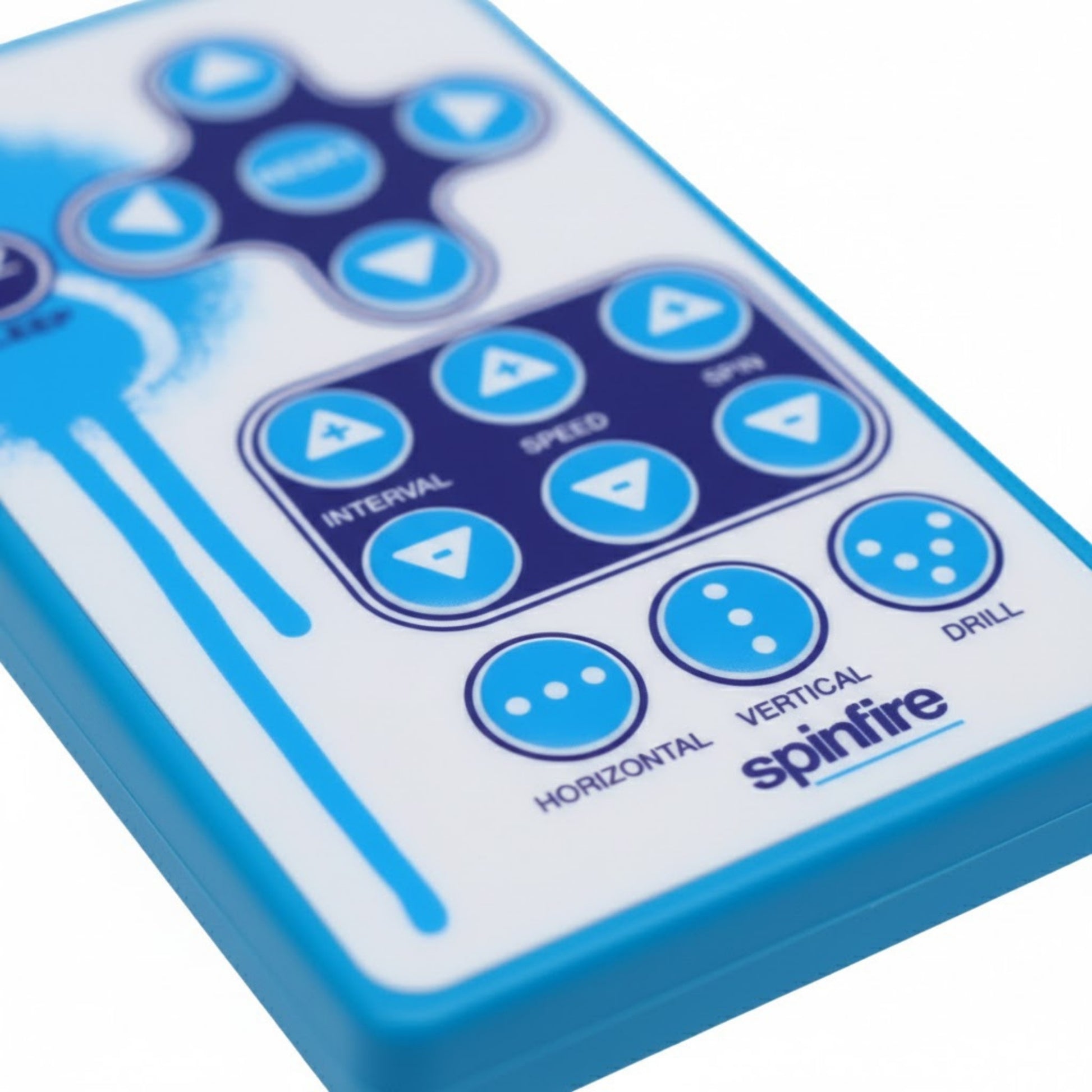 Close-up of a blue and white Spinfire remote with control buttons on a white background
