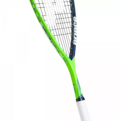 Close-up of a green and black Prince squash racket on a white background