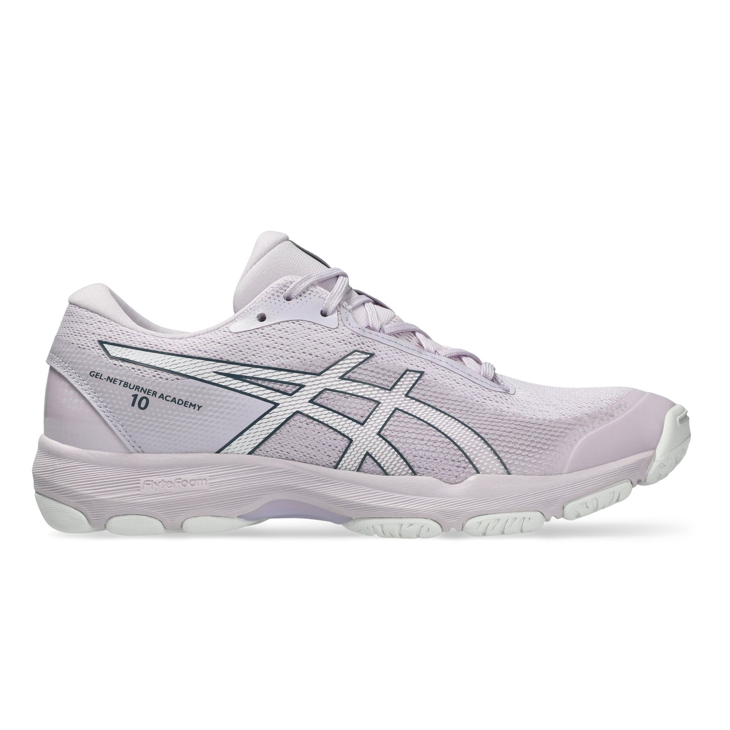 Light pink Asics shoe with black accents on a white background