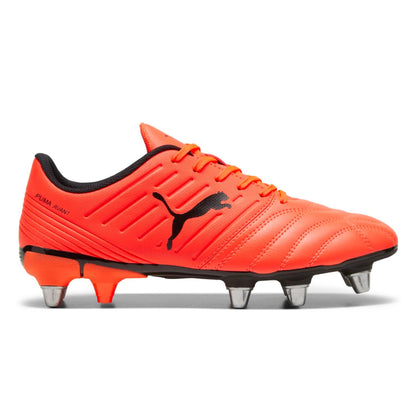 Red rugby boot with black accents on a white background