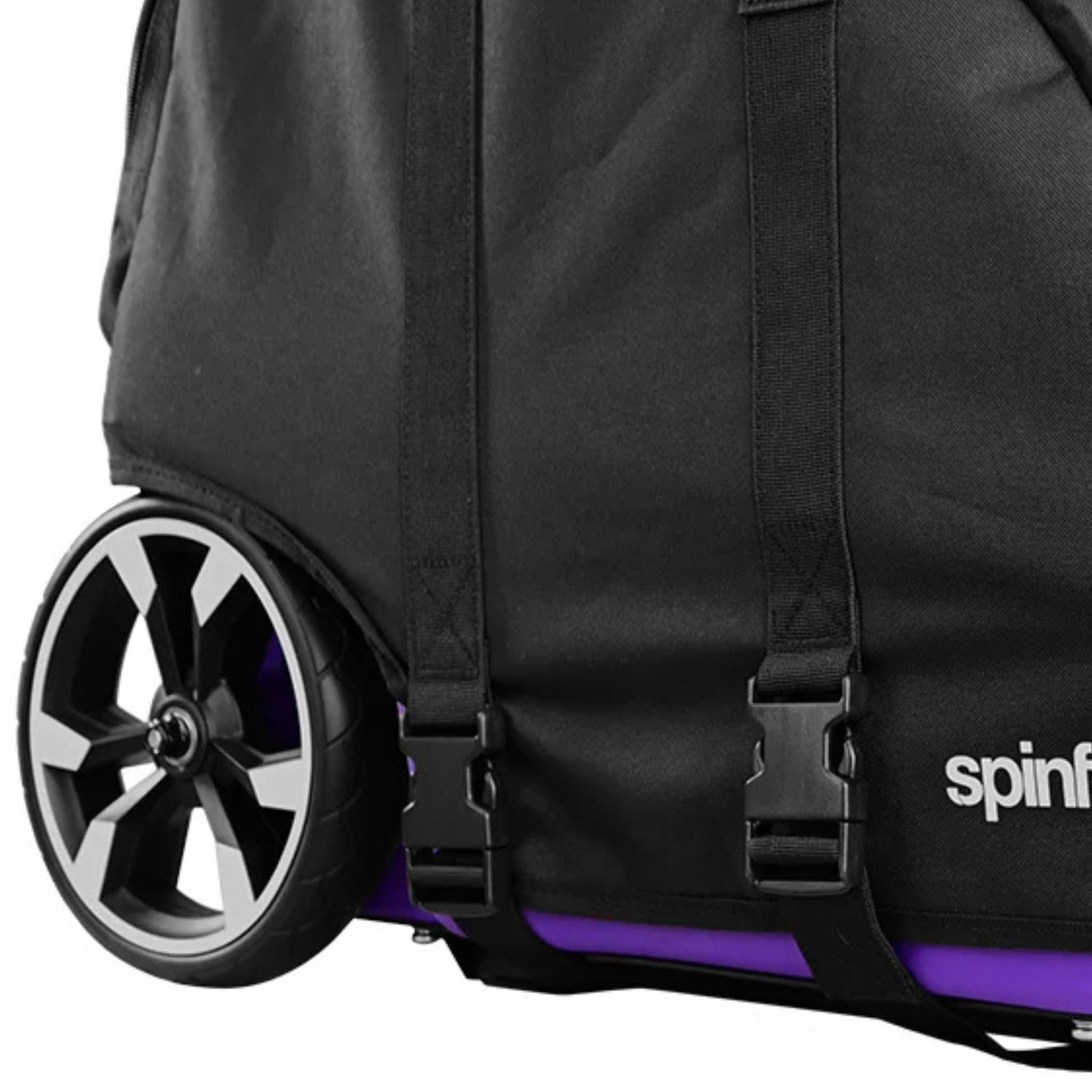 Black bag with visible wheels and 'spinfire' branding on a white background