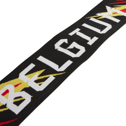 Black scarf with 'BELGIUM' text and lightning bolt design on a white background