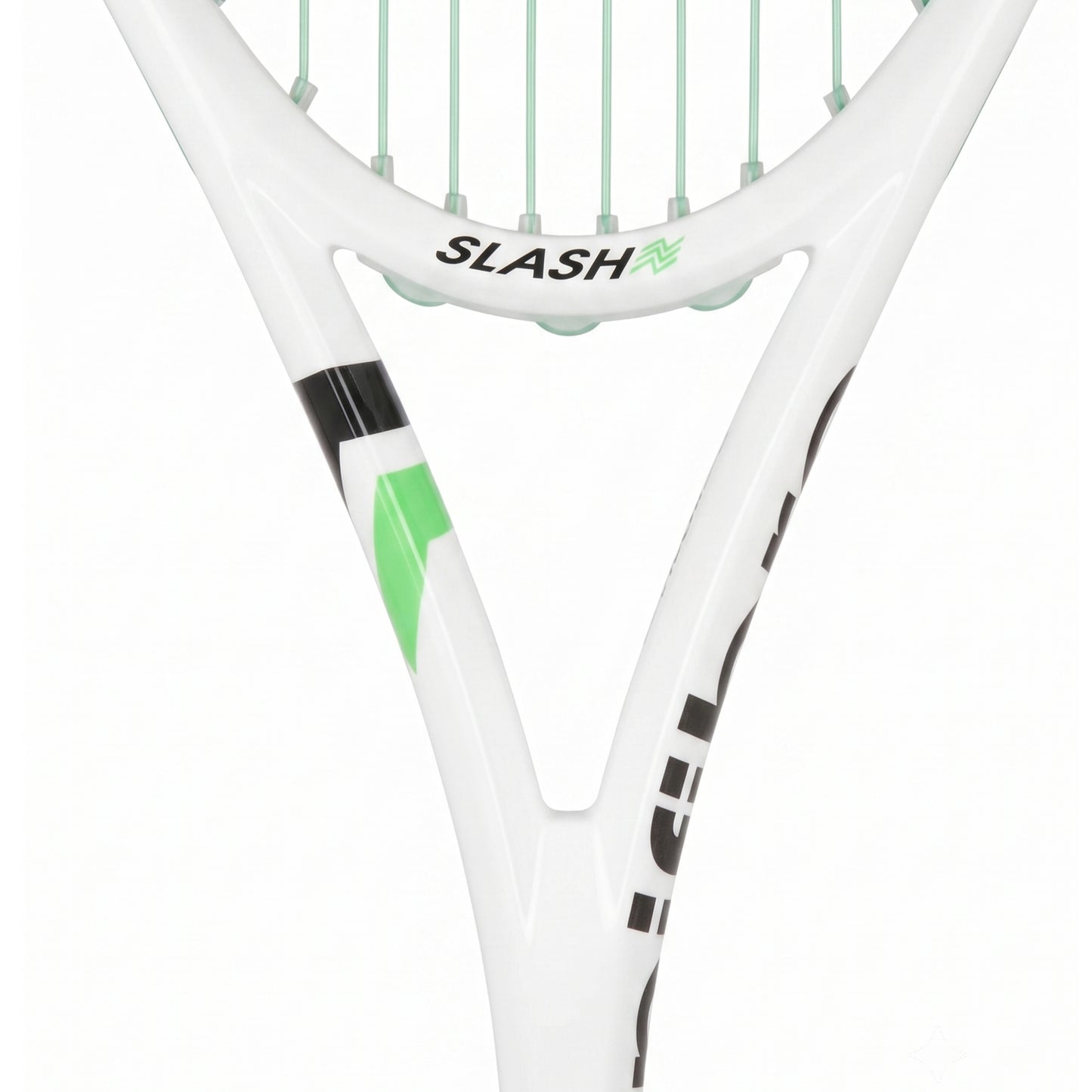 Close-up of a white Tecnifibre squash racket showing the throat, string bed, and part of the shaft with black and green branding details.