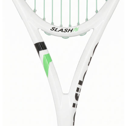 Close-up of a white Tecnifibre squash racket showing the throat, string bed, and part of the shaft with black and green branding details.