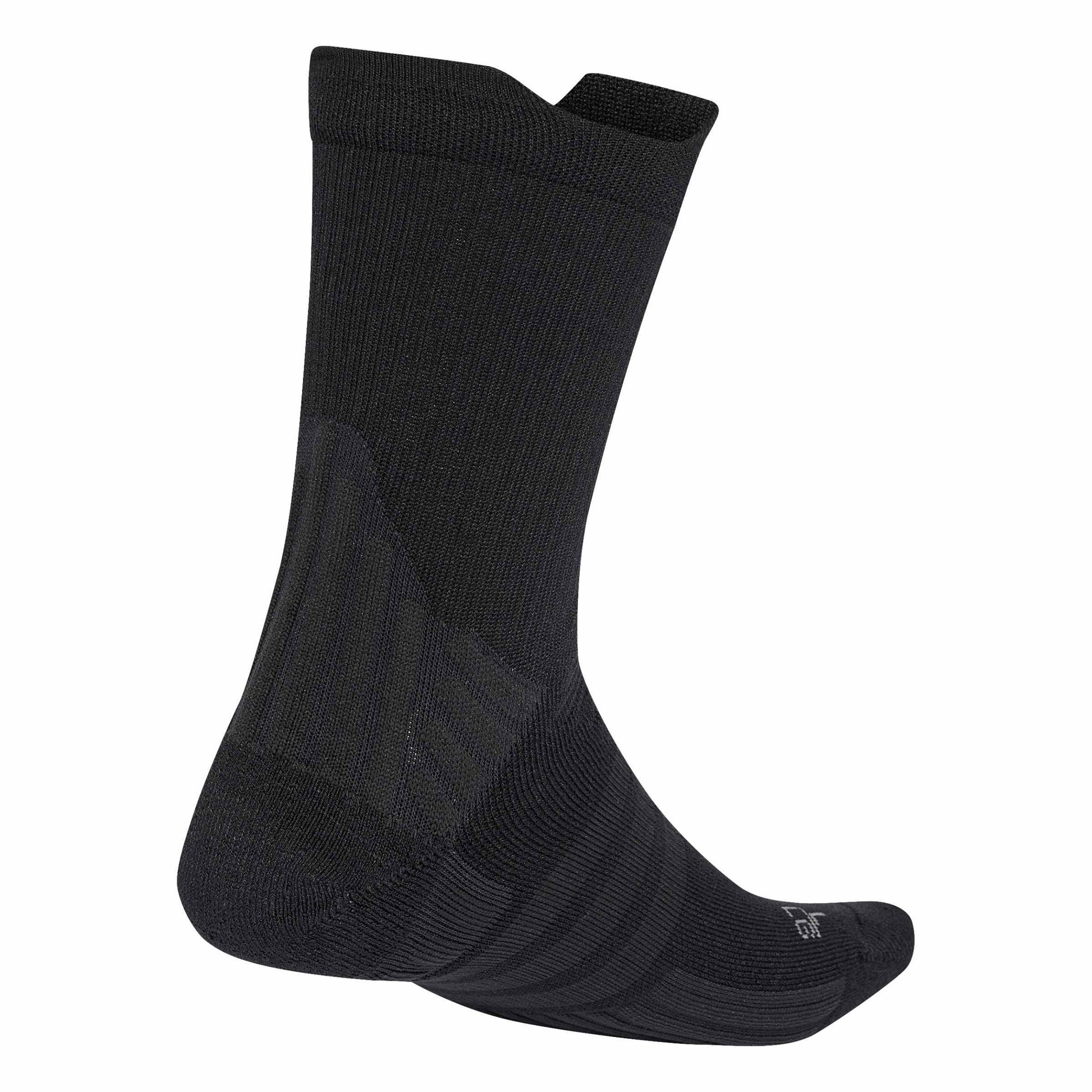 A single black Adidas athletic crew sock shown from a side profile view against a plain white background.