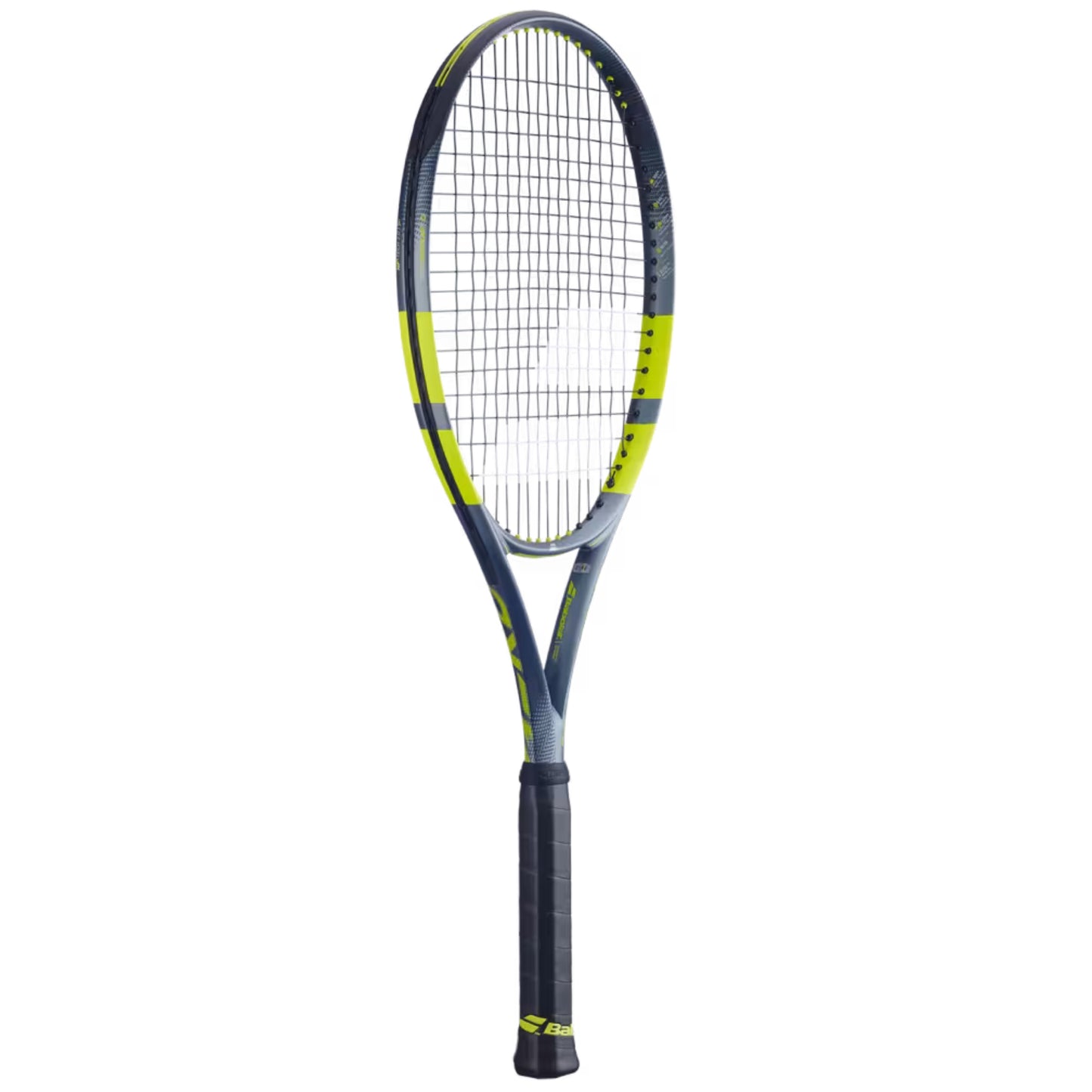 Tennis racket with black and yellow design on a white background
