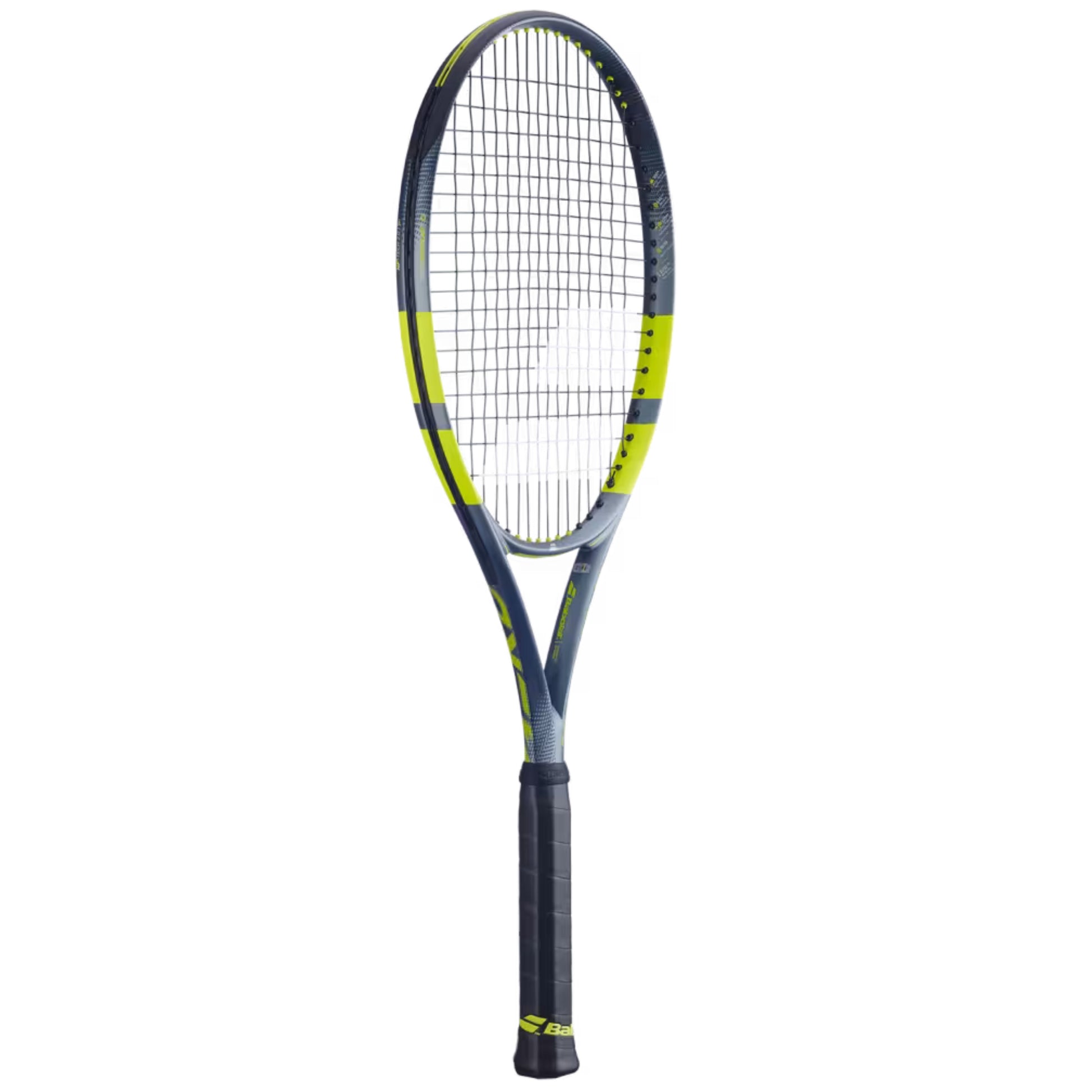 Tennis racket with black and yellow design on a white background