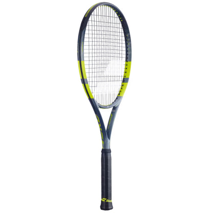 Tennis racket with black and yellow design on a white background