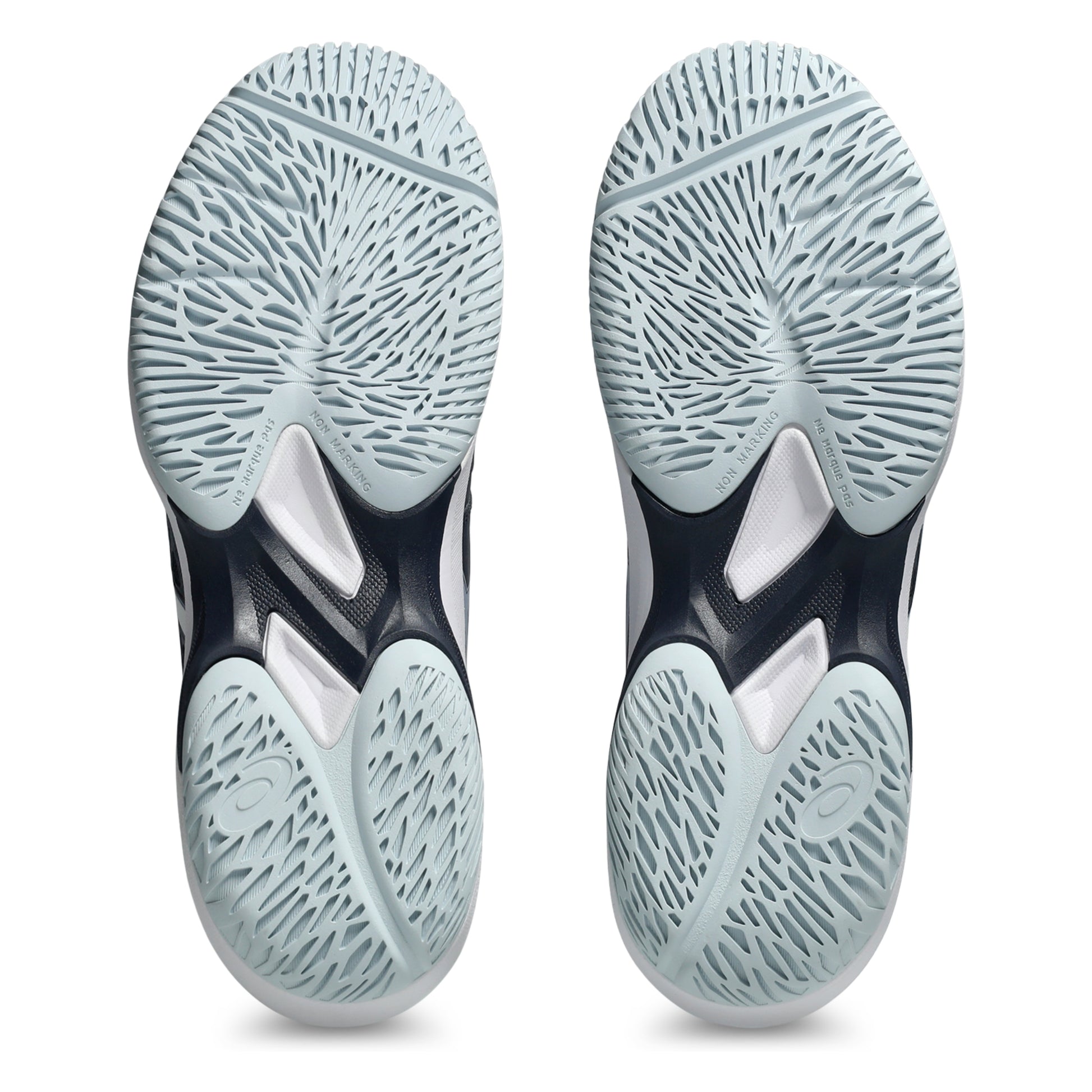 Close-up of a pair of tennis shoes with tread pattern soles on a white background