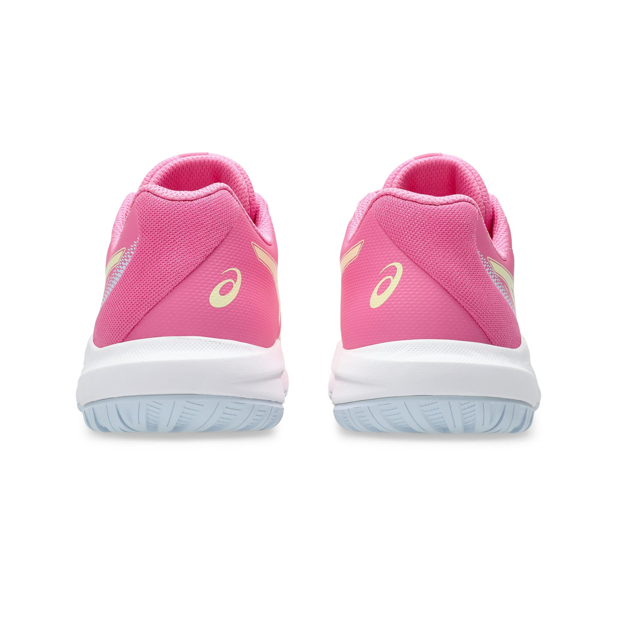 A pair of pink tennis shoes shown from the back, featuring a white midsole and light blue-gray outsole, with the Asics logo in pale yellow on the sides.