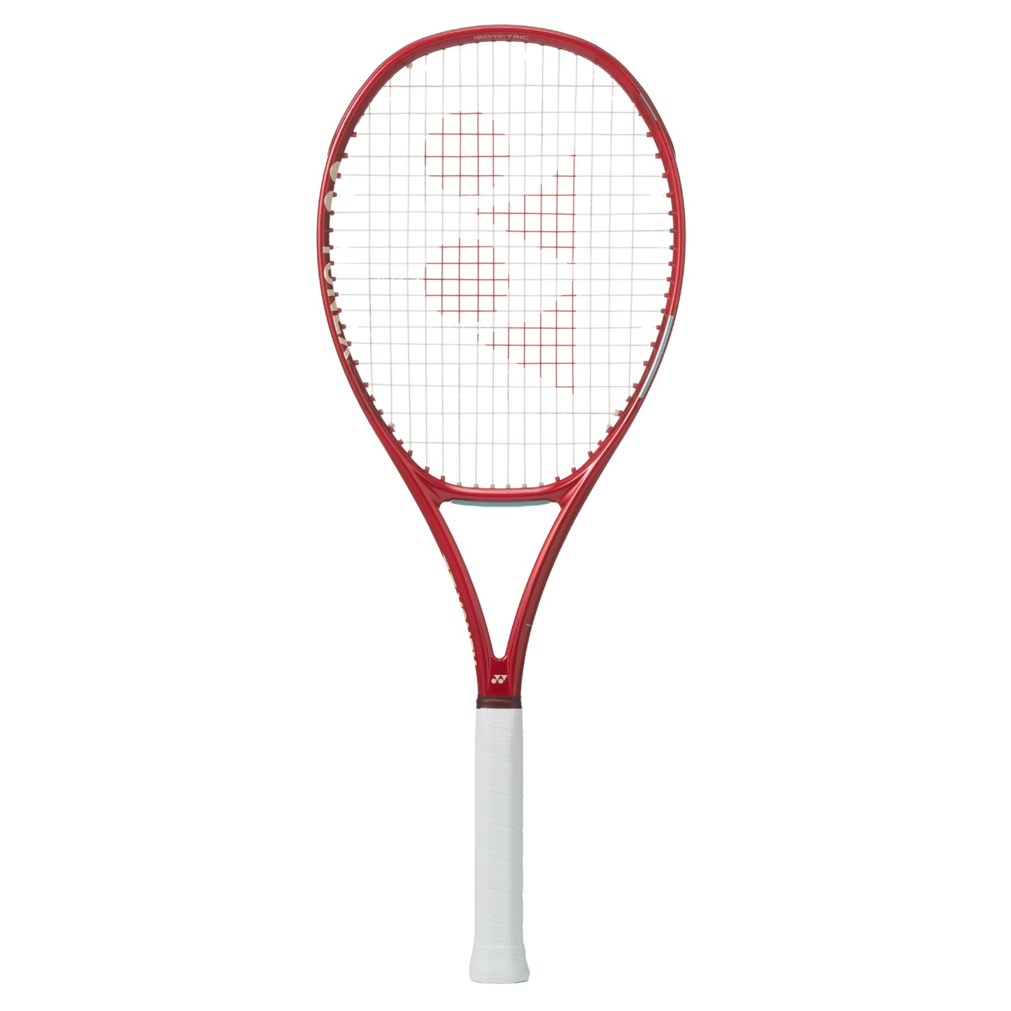 Red tennis racket with white strings on a white background