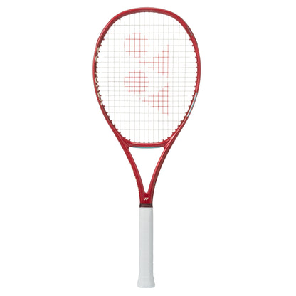 Red tennis racket with white strings on a white background