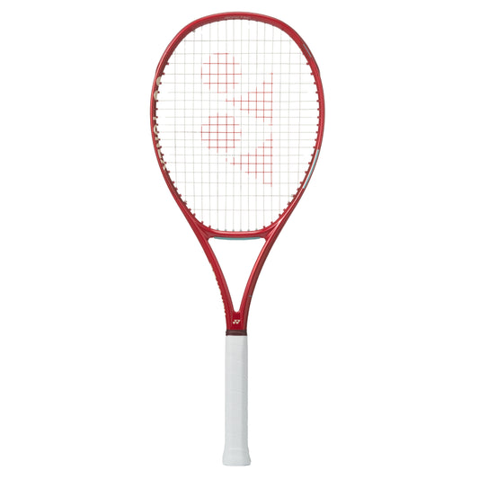 Red tennis racket with white strings on a white background