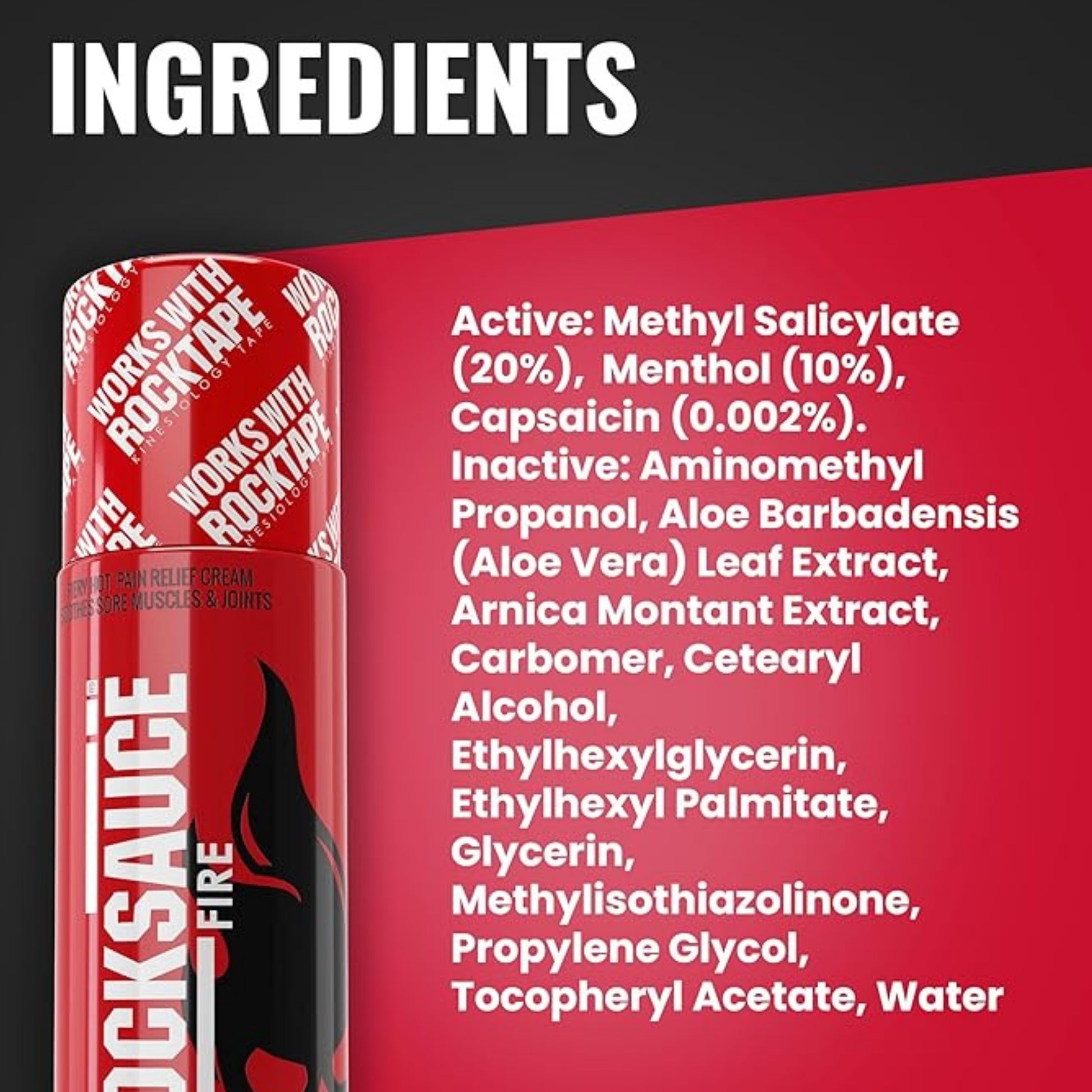 Red container of RockTape Fire with ingredient list on a red background