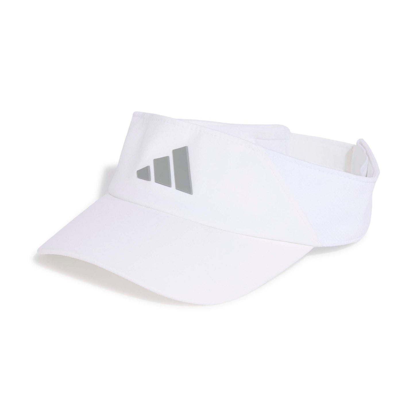 A white Adidas visor with a reflective silver three-bar logo on the front, displayed on a clean white background.