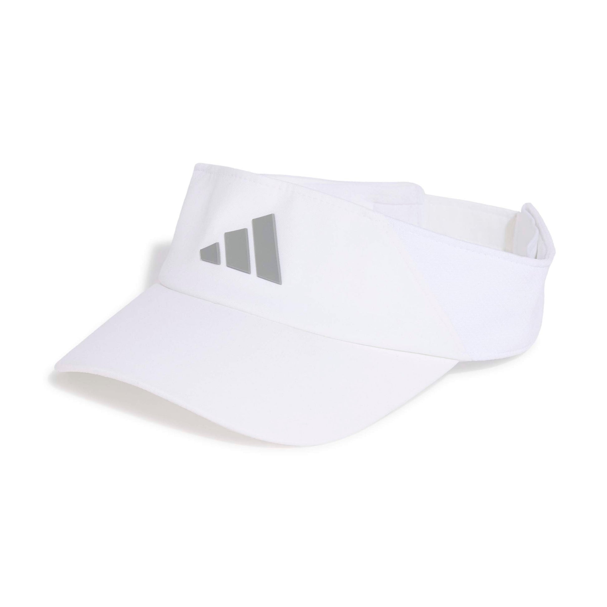 A white Adidas visor with a reflective silver three-bar logo on the front, displayed on a clean white background.