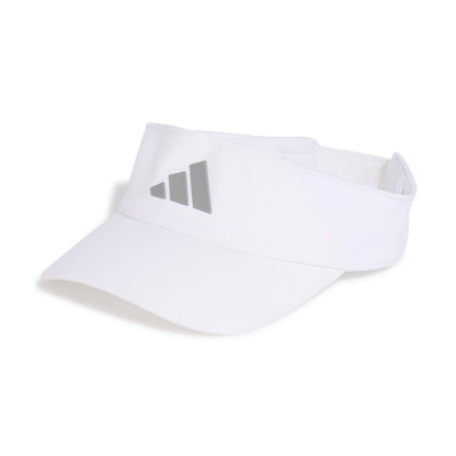 A white Adidas visor with a reflective silver three-bar logo on the front, displayed on a clean white background.