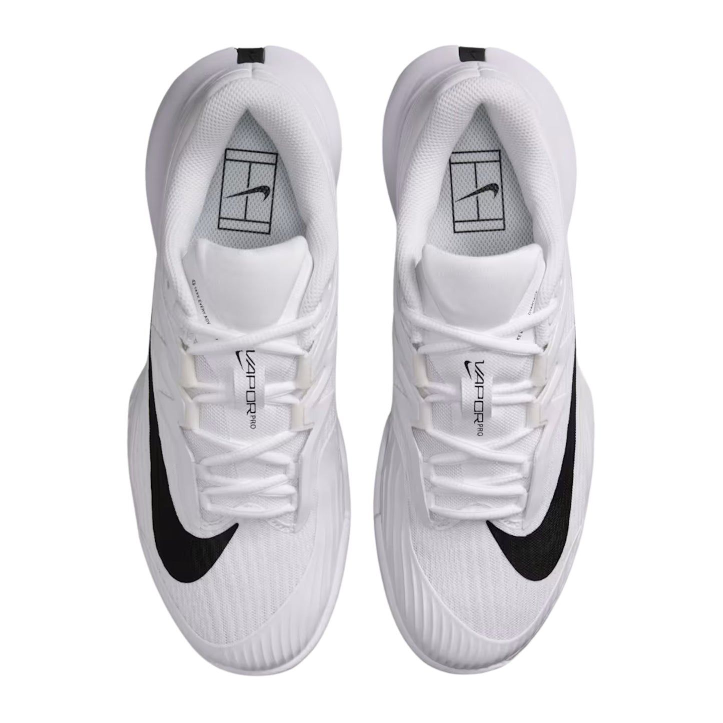 White tennis shoes with black swoosh logo on a white background