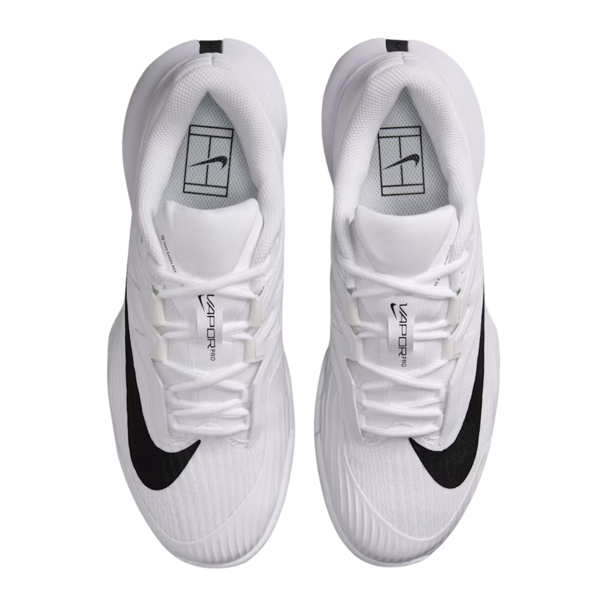White tennis shoes with black swoosh logo on a white background