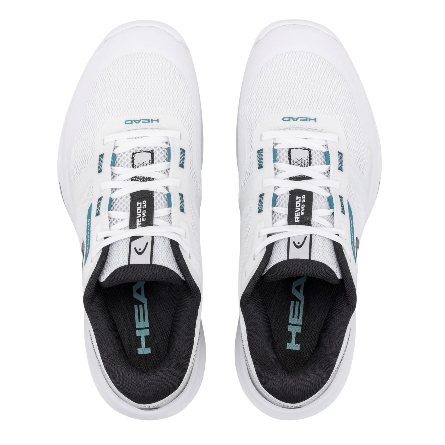 White Head tennis shoes with black soles and blue accents on a white background