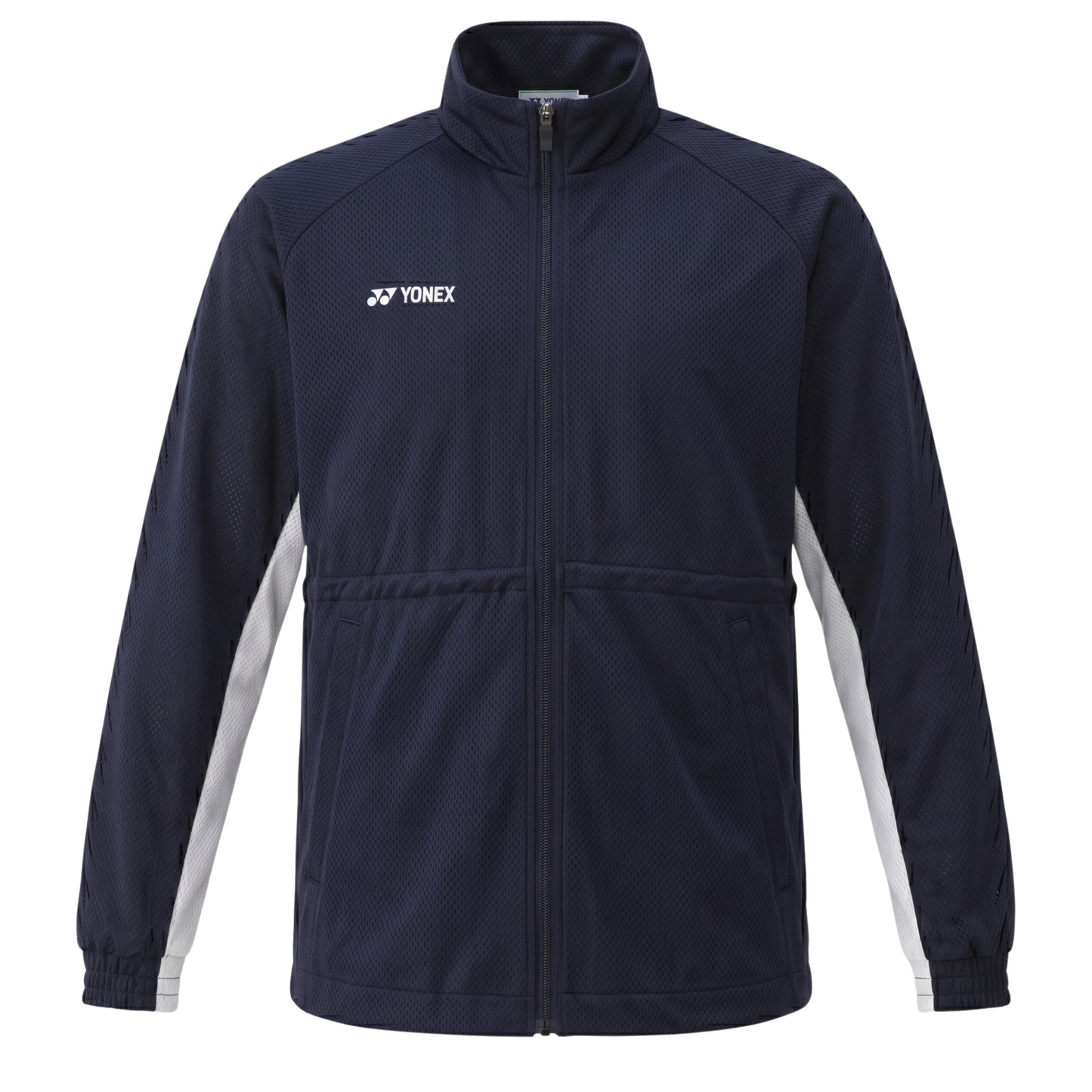 Navy blue jacket with white accents on a white background, featuring Yonex logo.