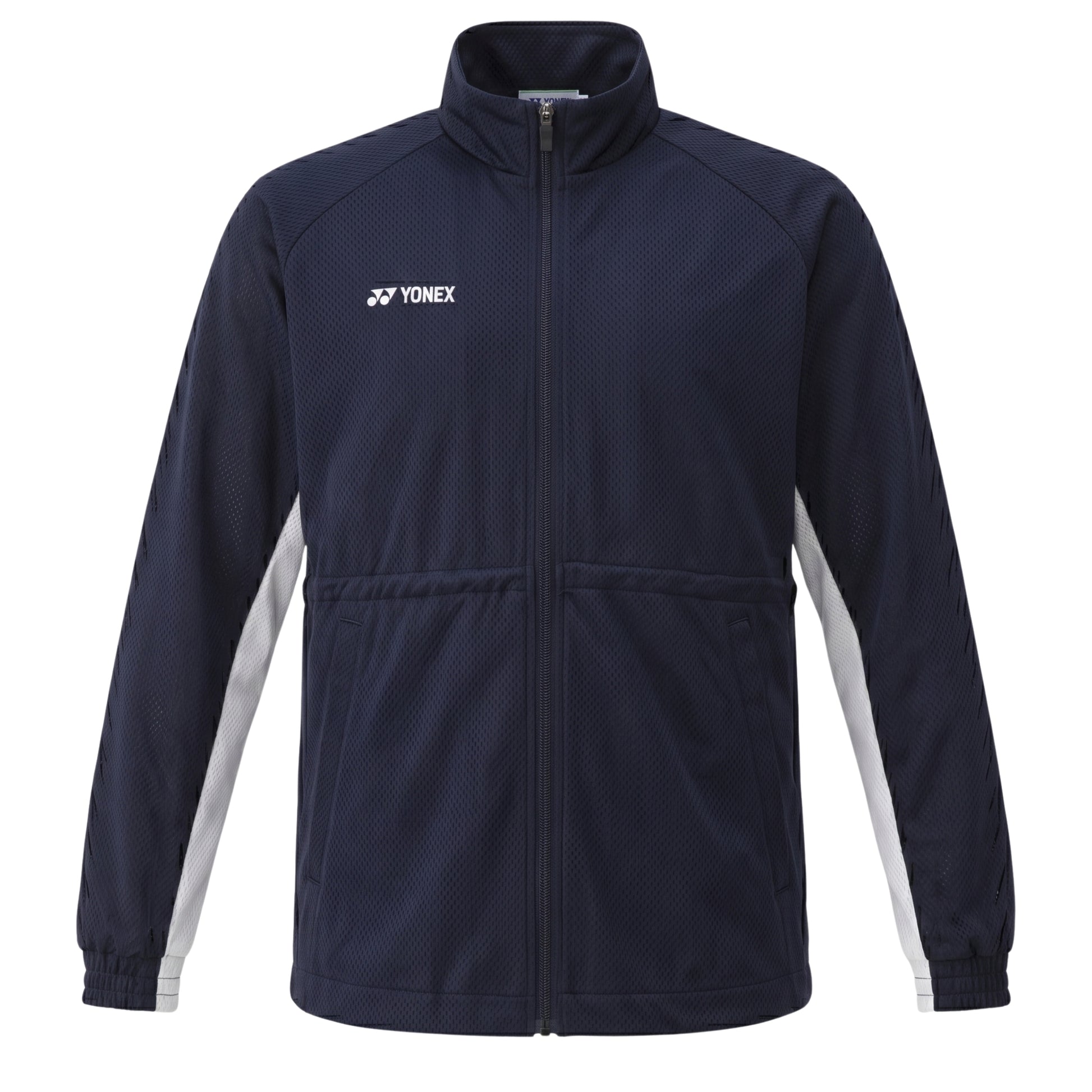 Navy blue jacket with white accents on a white background, featuring Yonex logo.