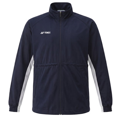 Navy blue jacket with white accents on a white background, featuring Yonex logo.