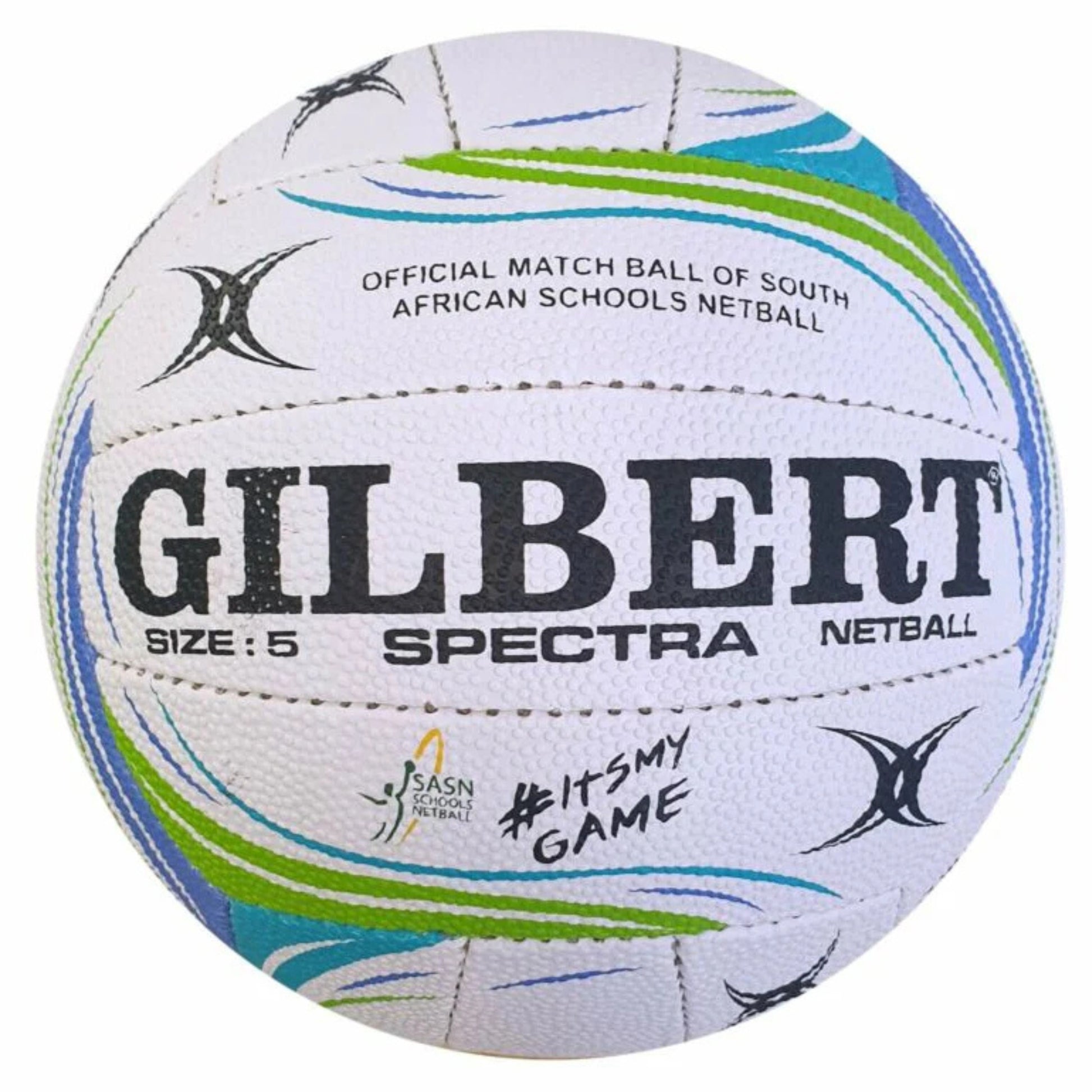 Gilbert Spectra netball with branding and text on a white background