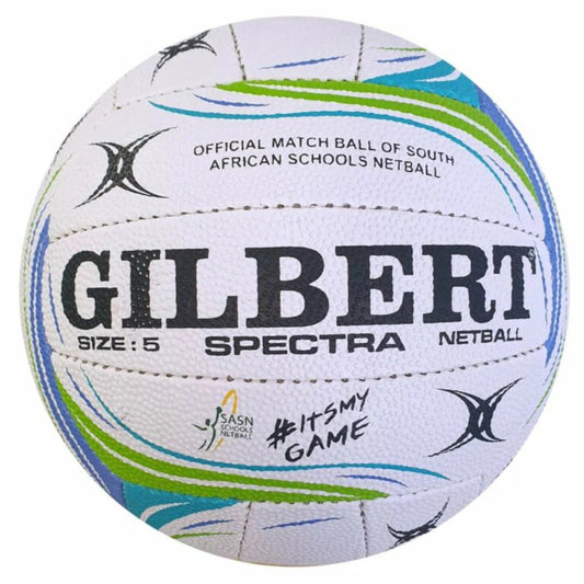 Gilbert Spectra netball with branding and text on a white background