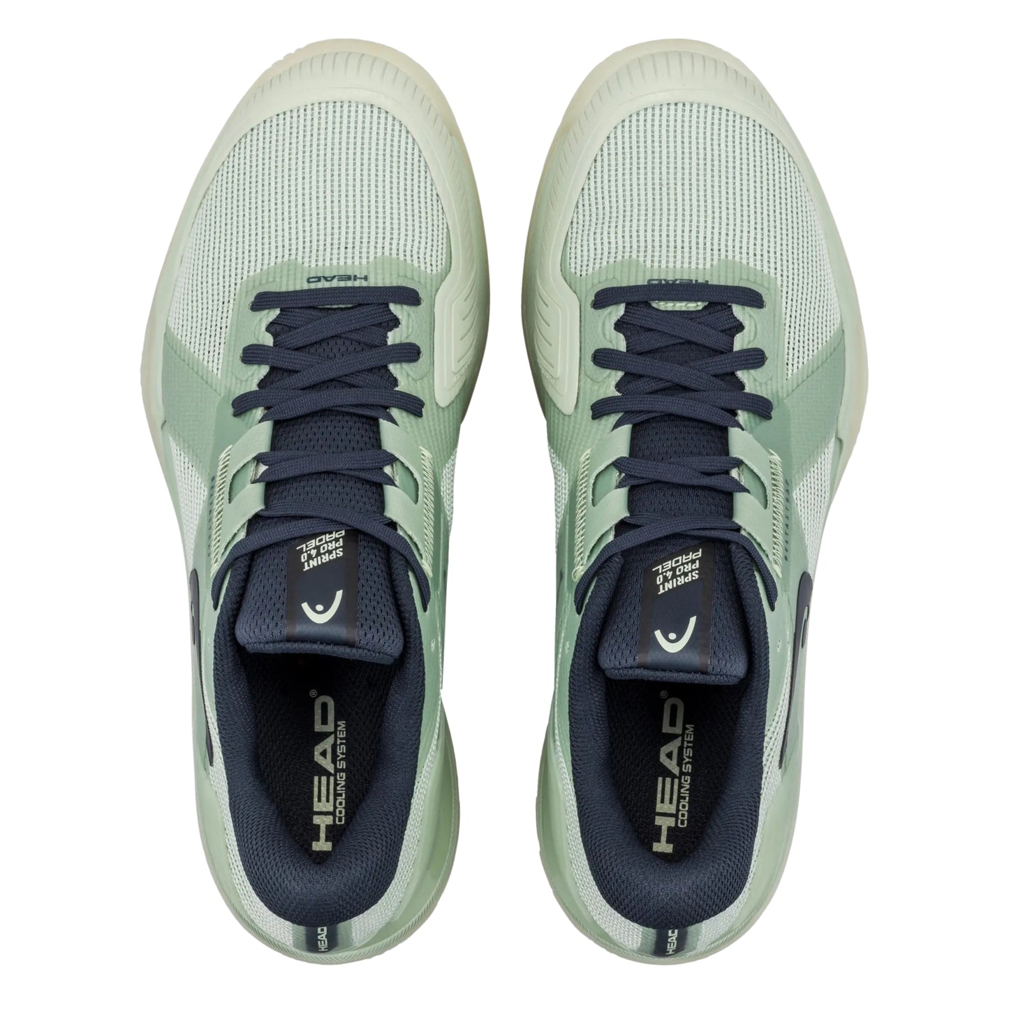 Pair of green and navy Head padel shoes with HEAD branding on a white background