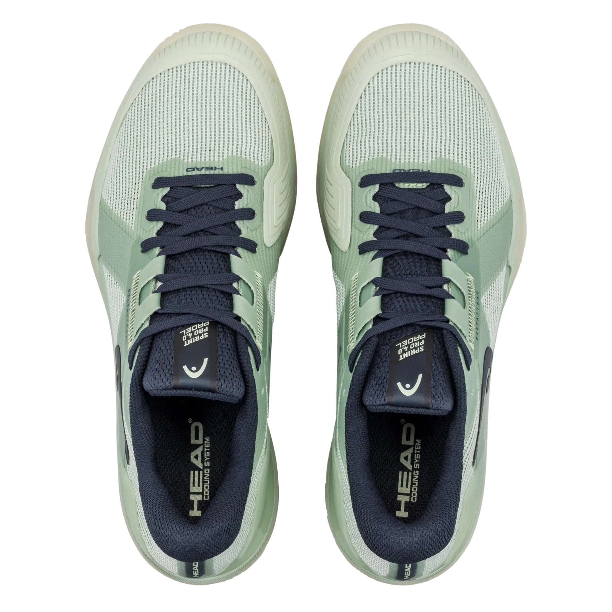 Pair of green and navy Head padel shoes with HEAD branding on a white background
