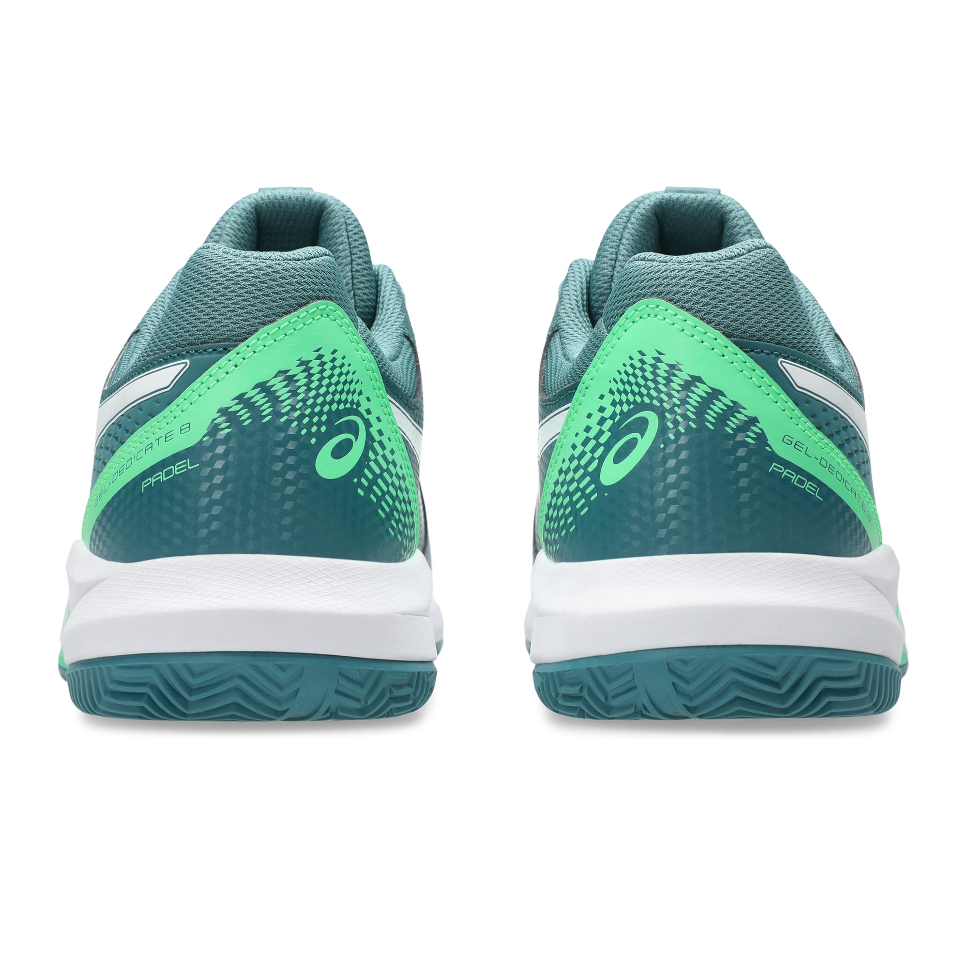 Pair of green Asics padel shoe on a white background