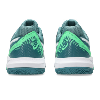 Pair of green Asics padel shoe on a white background
