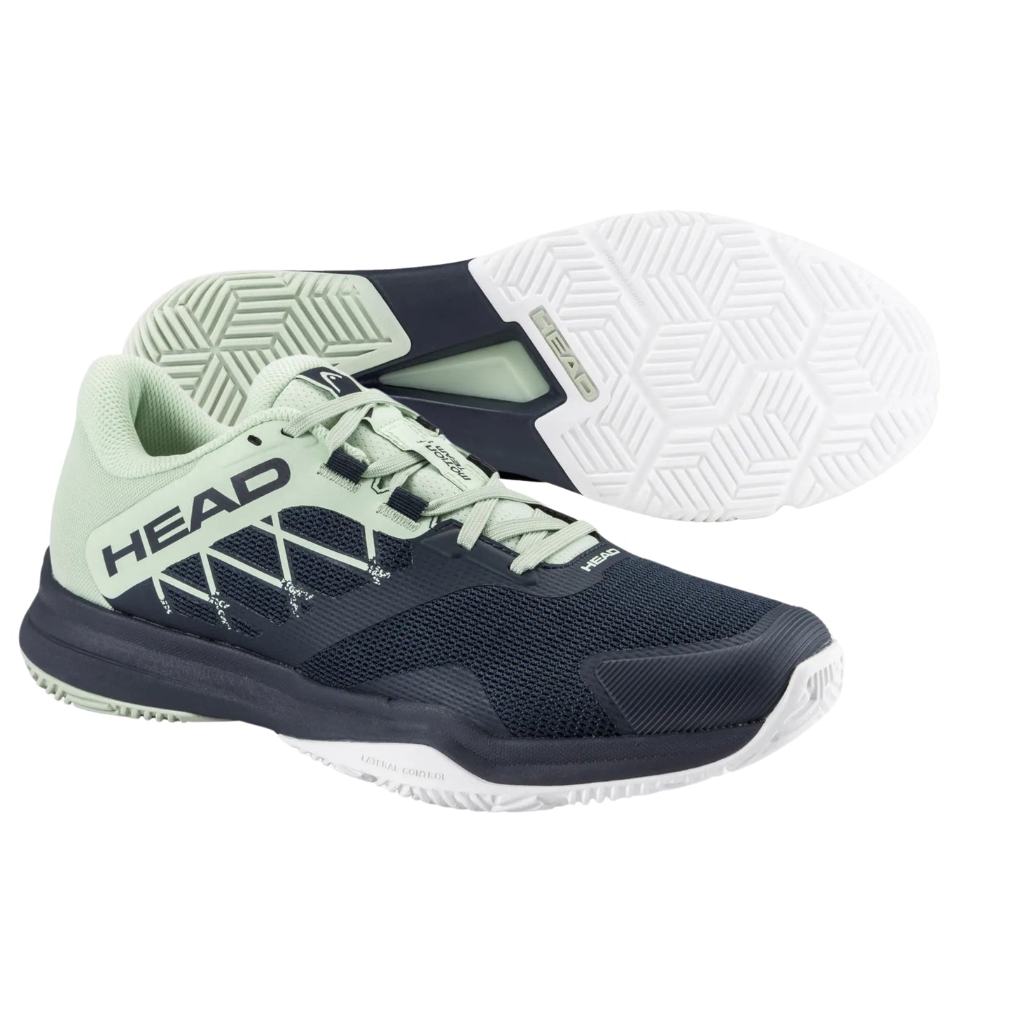 Navy and light green padel shoes with 'HEAD' branding on a white background