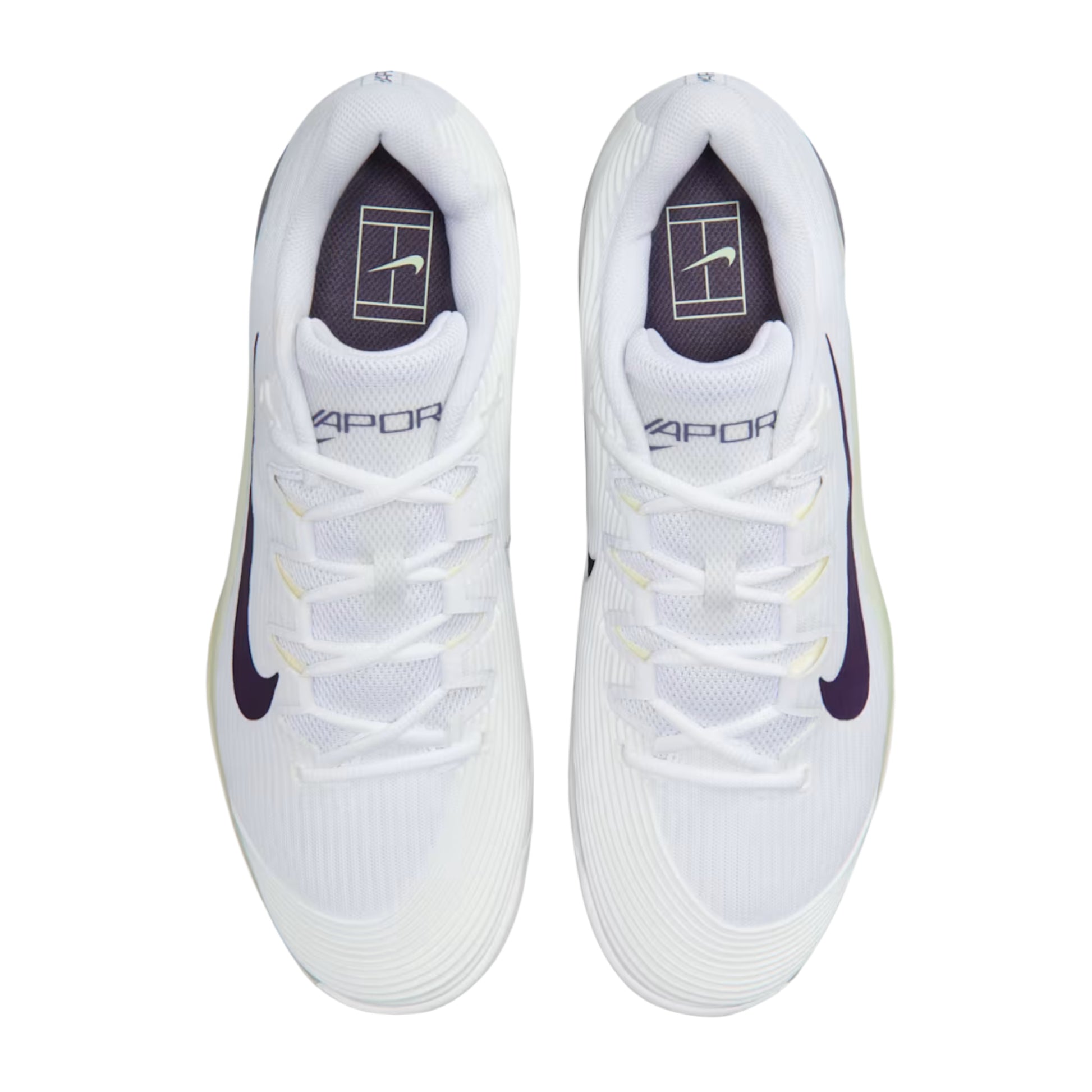 White tennis shoes with navy accents on a white background