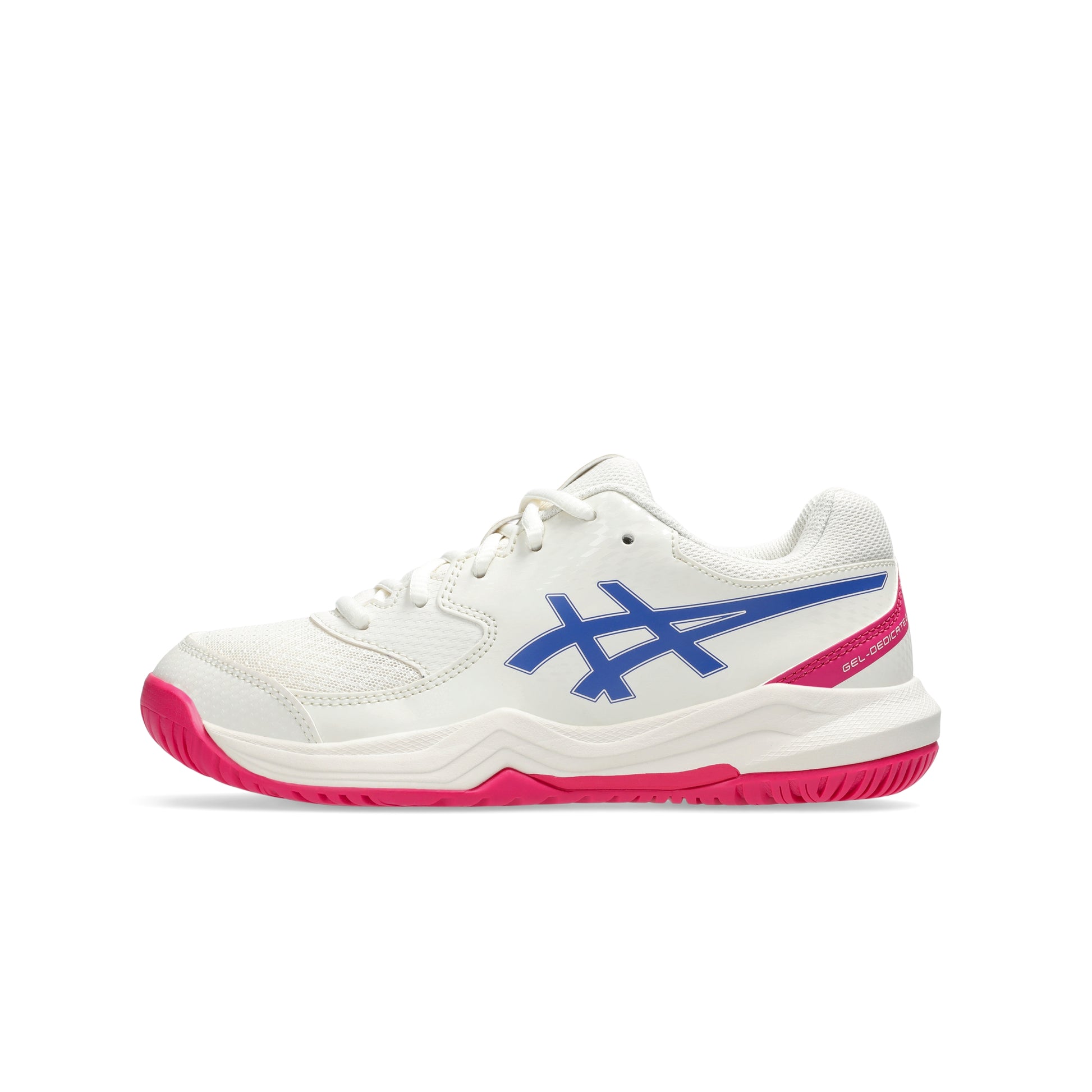 White Asics tennis shoe with blue and pink accents on a white background