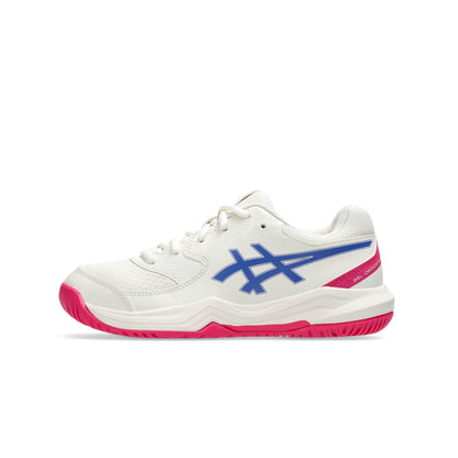 White Asics tennis shoe with blue and pink accents on a white background