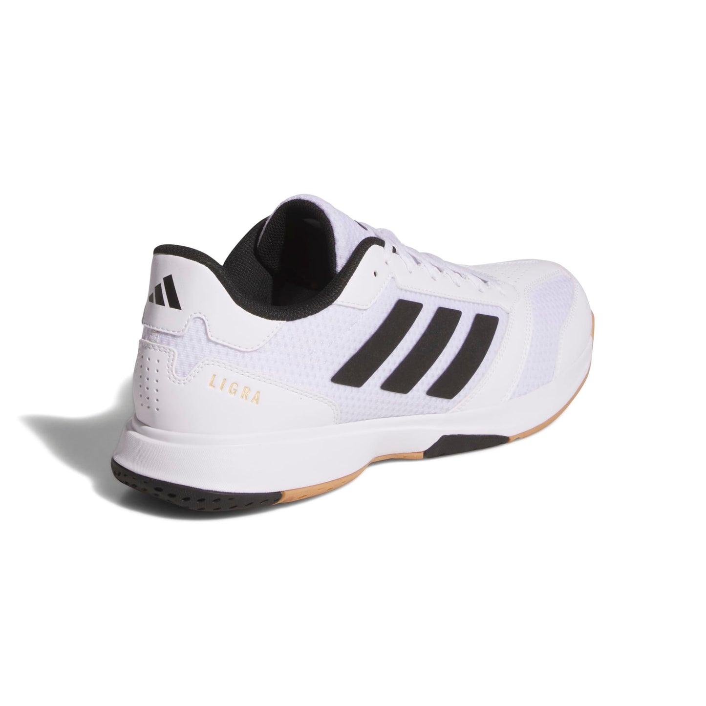 White squash shoe with black stripes on a white background