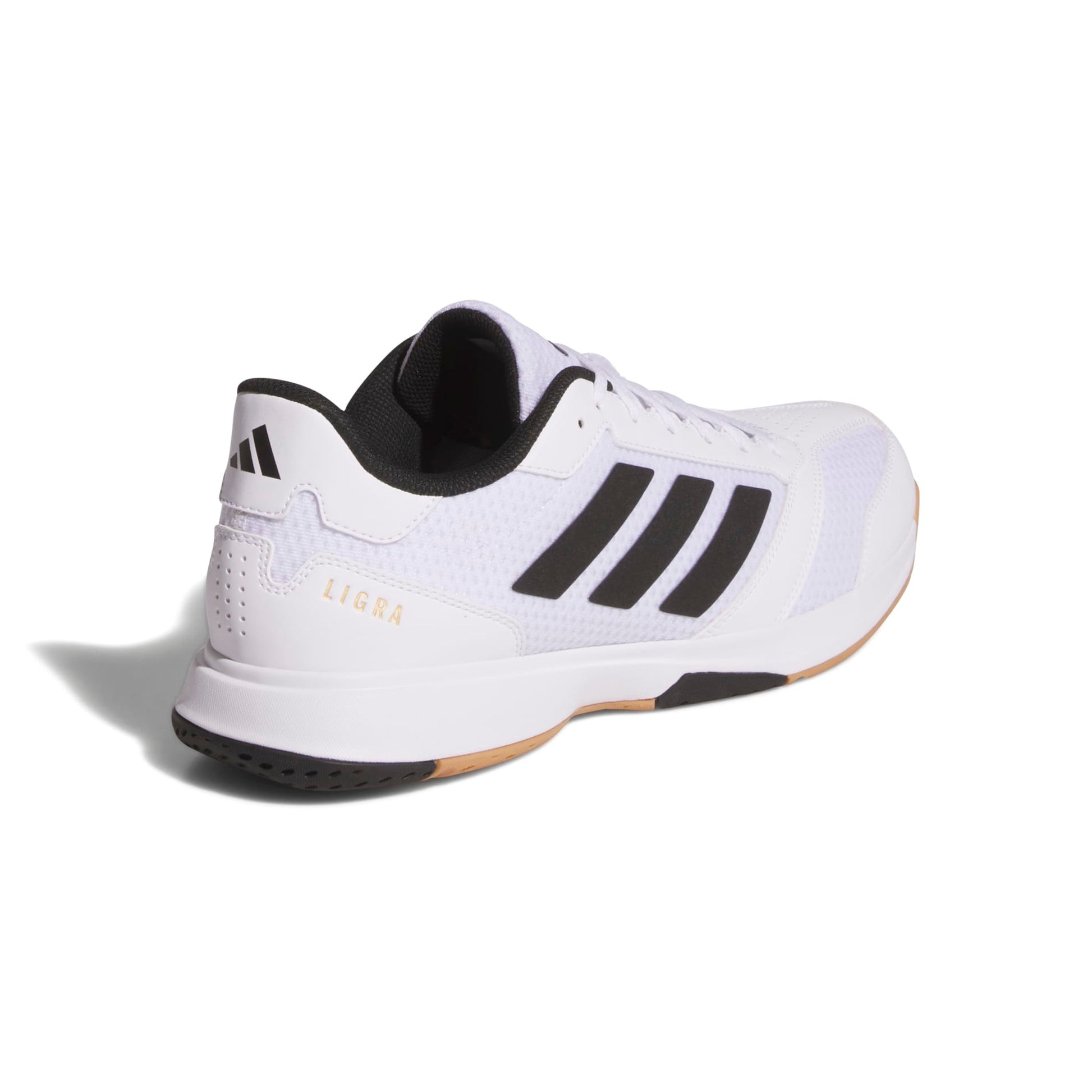 White squash shoe with black stripes on a white background