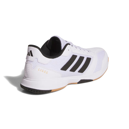 White squash shoe with black stripes on a white background