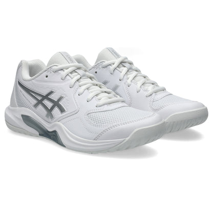 A pair of white tennis shoes with gray accents and white laces, shown from a three-quarters angle on a white background.