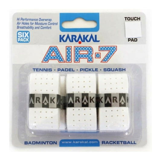 White Karakal Air-7 tennis racket grip packaging with three grips inside.