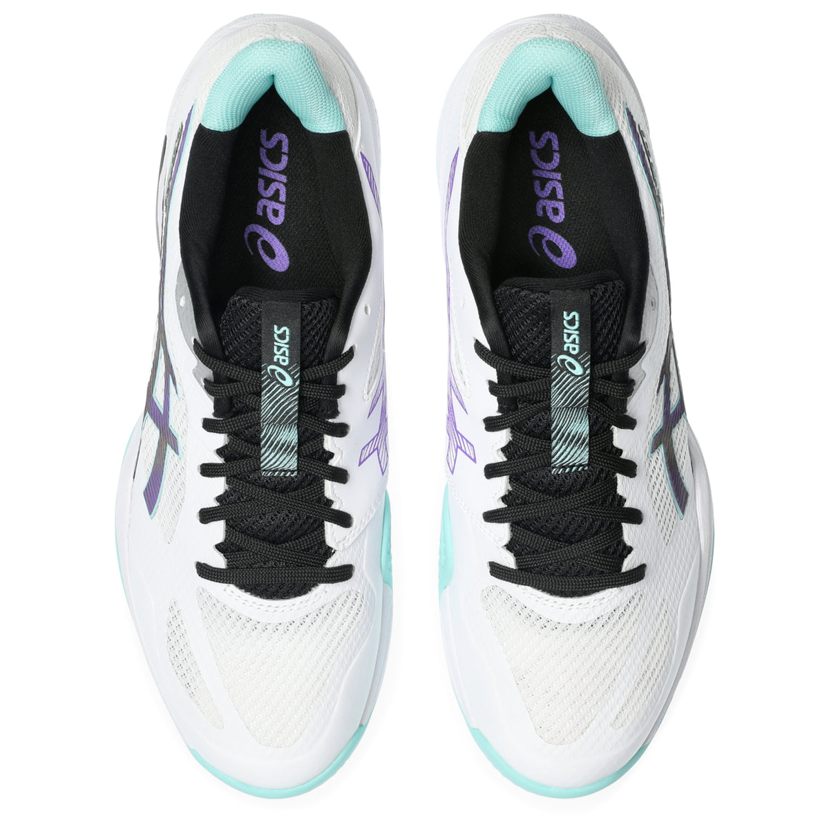 A pair of Asics tennis shoes in white, black, and mint green, shown from a three-quarters angle on a white background.
