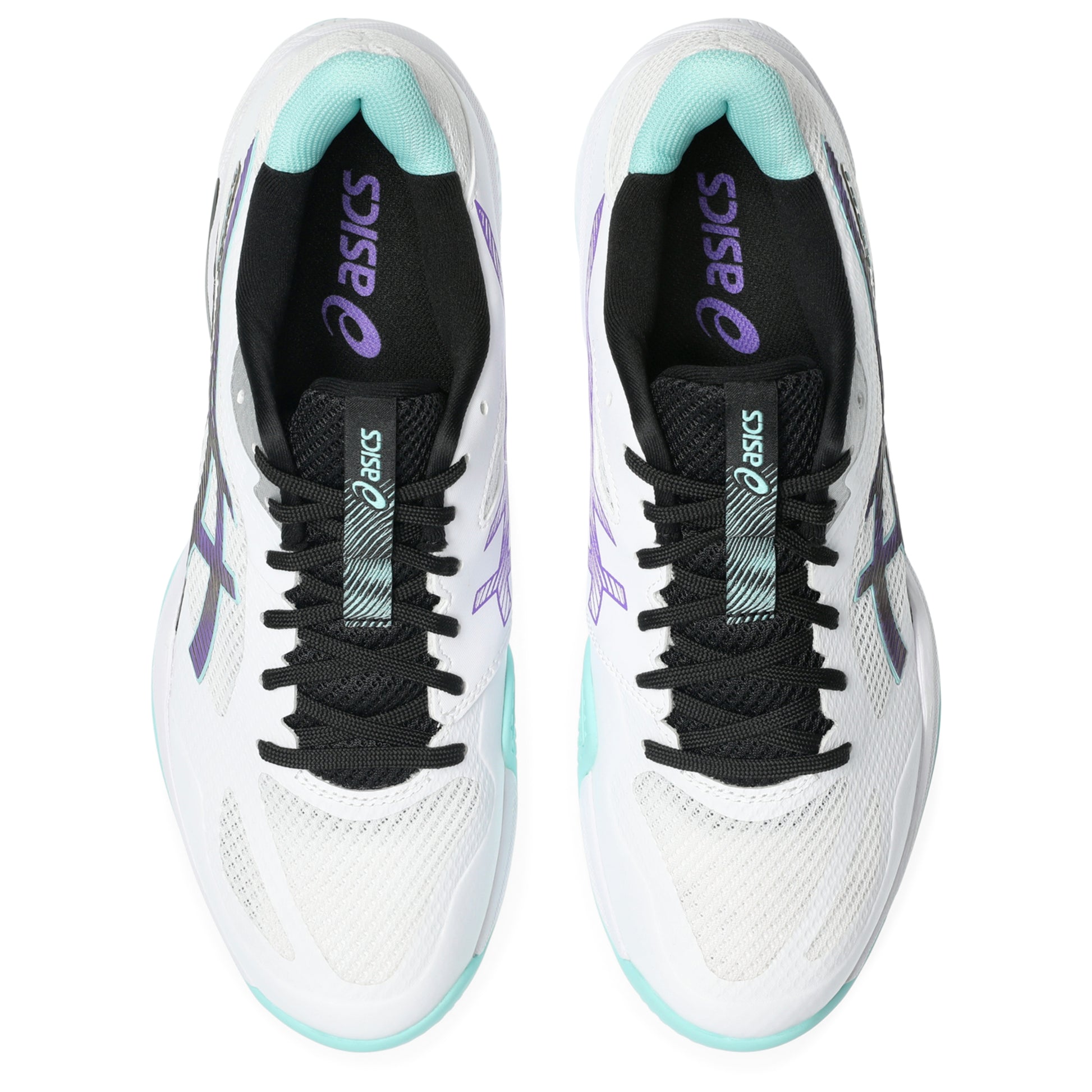 A pair of Asics tennis shoes in white, black, and mint green, shown from a three-quarters angle on a white background.