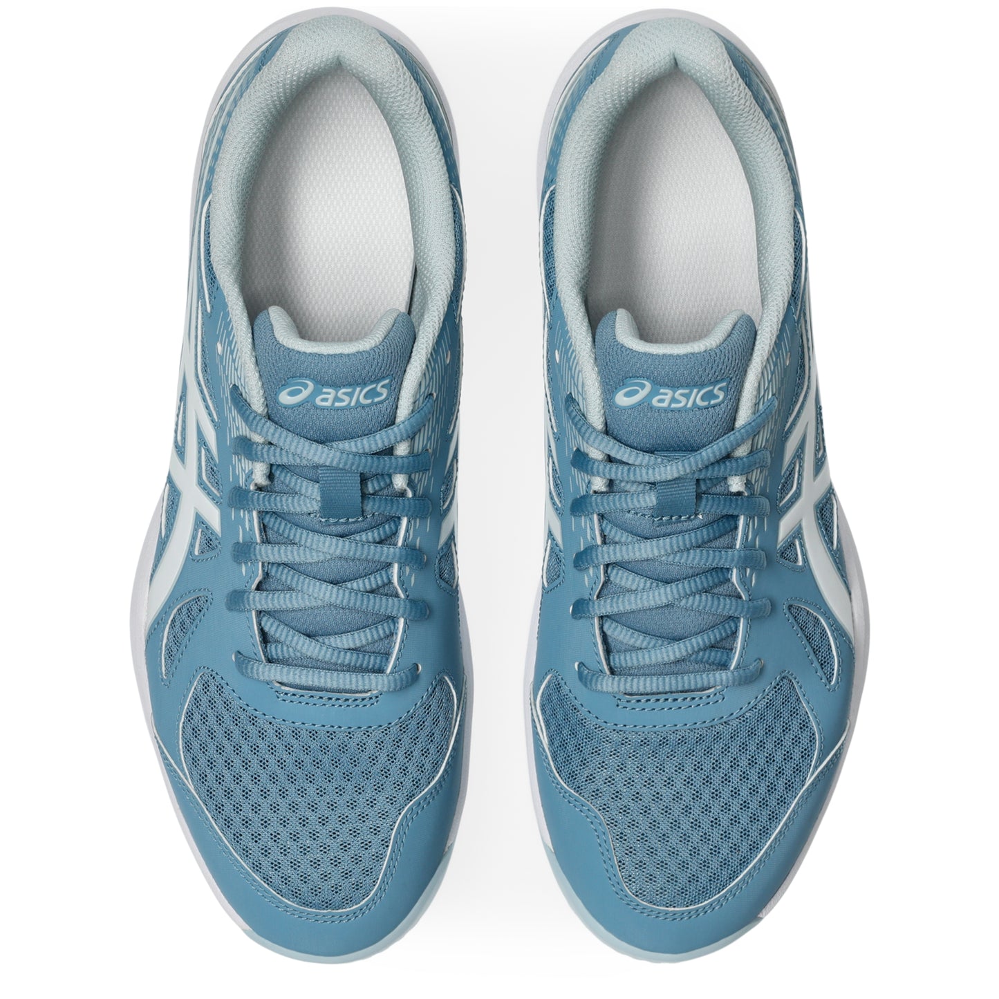 Pair of blue Asics squash shoes on a white background