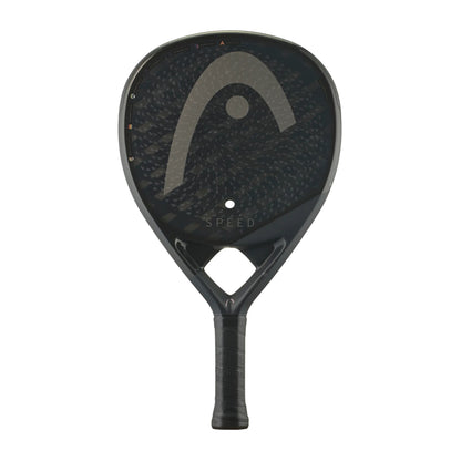 Black with gold accents Head racket with wording Speed on a whte background