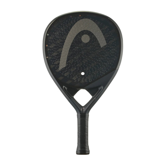 Black with gold accents Head racket with wording Speed on a whte background
