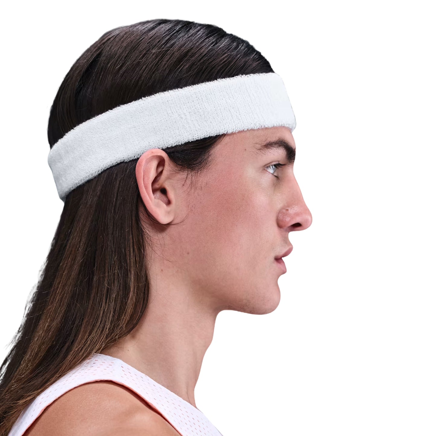 Person wearing a white headband on a white background